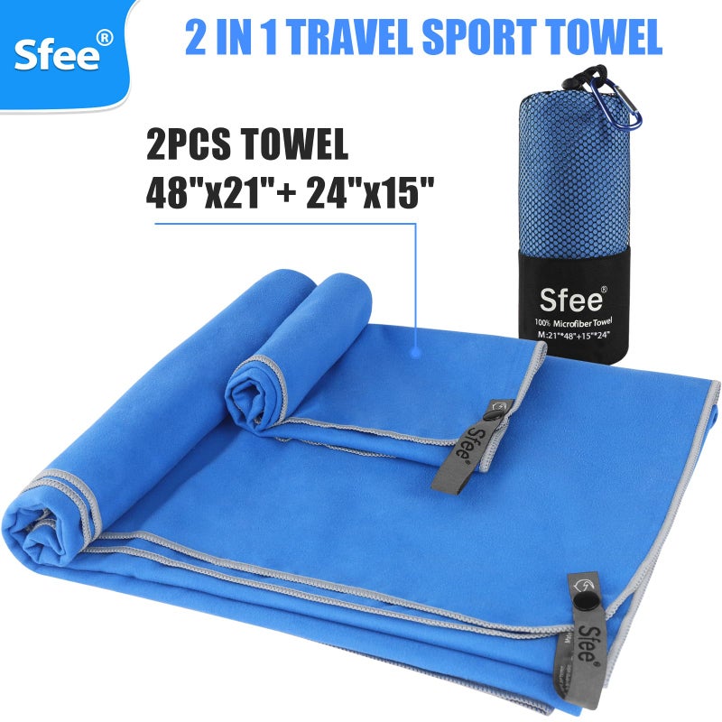 Sfee 2 Pack Microfiber Travel Towel, Quick Dry Towel Camping Towel Super Absorbent Compact Lightweight Sports Swim Gym Towels Set for Gym, Hiking, Pool, Backpacking, Bath, Yoga (M :48"x21"+24"x15") - Image 3
